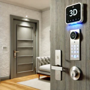 DALL·E 2024 08 02 07.22.35 A modern front door equipped with a 3D Face Smart Door Lock. The door lock includes a security camera fingerprint scanner and electronic keypad. The 9