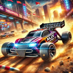 DALL·E 2024 08 02 07.30.24 A vibrant and exciting image of the MJX Hyper Go 16207 16208 16210 16210 Remote Control 2.4G 1 16 Brushless RC Hobby Car Vehicle. The car should be de 7