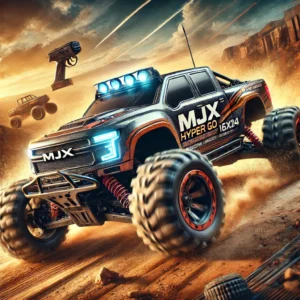 DALL·E 2024 08 02 08.11.27 A detailed and vibrant image of an MJX Hyper Go 16210 Brushless High Speed 4x4 Remote Control Off Road Big Wheel Truck RC car. The RC car should be de 3