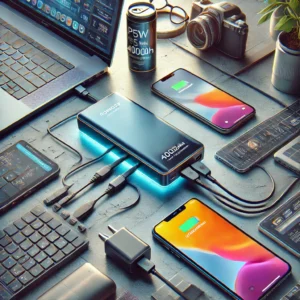DALL·E 2024 08 03 05.55.28 A detailed and vibrant image of a ROMOSS PD 65W Power Bank 40000mAh in a modern setting. The power bank should be depicted in use charging multiple d 25