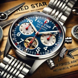 DALL·E 2024 08 03 06.33.22 A detailed and vibrant image of the RED STAR 38mm Mens 1963 Chronograph Mechanical Watch. The watch should be depicted in a close up shot to showcase 9