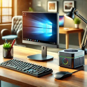 DALL·E 2024 08 03 06.35.38 A detailed and vibrant image of the CHUWI LarkBox X Mini PC in a modern home office setting. The Mini PC should be depicted on a desk connected to a 7