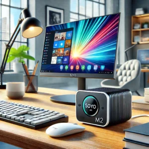 DALL·E 2024 08 03 06.51.37 A detailed and vibrant image of the SOYO M2 Mini PC in a modern home office setting. The Mini PC should be depicted on a desk connected to a monitor 5