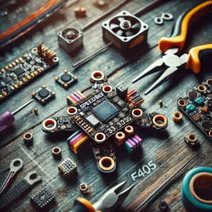 DALL·E 2024 08 03 06.54.05 A detailed and vibrant image of the SpeedyBee F405 V4 3 6S 30X30 FCESC FPV Stack in a drone building setup. The flight controller and ESC should be d 3