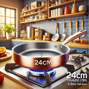 DALL·E 2024 08 03 06.58.59 A detailed and vibrant image of a 24CM Frying Pan made of 304 Stainless Steel with a 2MM thick base. The pan should be shown in a modern kitchen setti 1