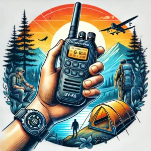 DALL·E 2024 08 03 07.00.58 A detailed and vibrant image of the Quansheng UV K6 Walkie Talkie in a usage setting. The walkie talkie should be shown being used in an outdoor envir 1