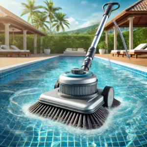 DALL·E 2024 08 04 06.16.07 An adjustable angle vacuum head brush cleaner being used in a clean sparkling swimming pool. The setting should be bright and clear showing the pool 1