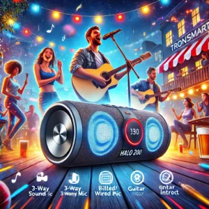 DALL·E 2024 08 04 06.37.44 A vibrant and dynamic image of the Tronsmart Halo 200 Speaker in an outdoor party setting. The speaker should be depicted with its 3 way sound system 19