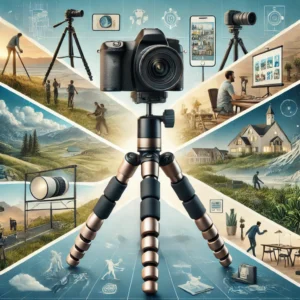 DALL·E 2024 08 04 06.44.36 A versatile and lightweight travel camera tripod being used outdoors in various settings. The tripod should support different devices such as a DSLR c 15