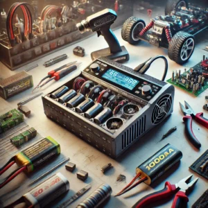 DALL·E 2024 08 04 06.59.18 A high tech HOTA F6AC 500W DC 1000W 15A Balanced Charger in a workshop setting. The charger should be depicted charging multiple types of lithium bat 9
