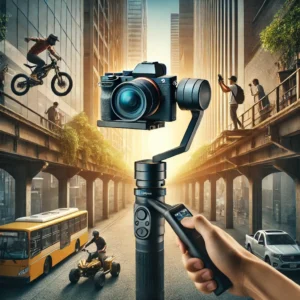 DALL·E 2024 08 04 07.01.26 A professional stabilizer kit the Hohem MT2 being used in various settings to support a mirrorless camera action camera and smartphone. The image 7