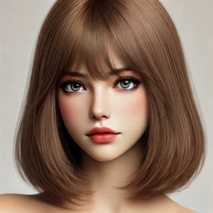 DALL·E 2024 08 04 07.16.20 A realistic brown bob lace wig with bangs and a middle part worn by a realistic looking person. The person should have a natural look showcasing the 1