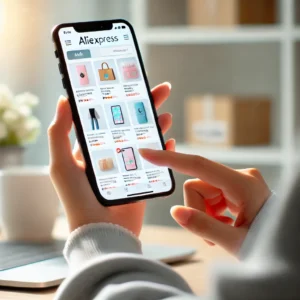 DALL·E 2024 08 05 06.03.33 A person using a smartphone to browse an online shopping website specifically AliExpress in a modern and clean setting. The focus should be on the s 39