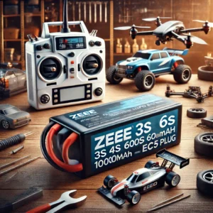 DALL·E 2024 08 05 06.11.49 A high quality ZEEE 3S 4S 6S 10000mAh Lipo Battery with EC5 plug displayed in a workshop setting with RC cars boats and drones in the background. T 37