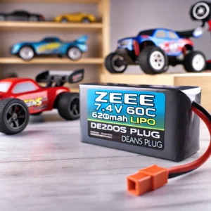 DALL·E 2024 08 05 06.15.00 A high quality Zeee 7.4V 60C 6200mAh Lipo Battery with Deans Plug displayed in a workshop setting with RC cars trucks and boats in the background. 35