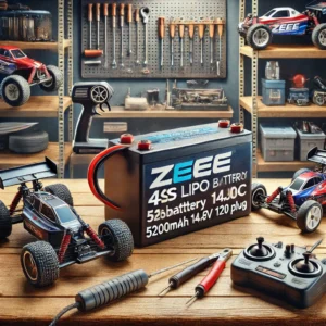 DALL·E 2024 08 05 06.22.24 A high quality Zeee 4S Lipo Battery 5200mAh 14.8V 120C with EC5 Plug displayed in a workshop setting with RC buggies truggies racing helicopters a 29