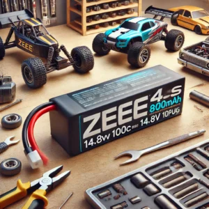 DALL·E 2024 08 05 06.28.56 A high quality Zeee 4S 8000mAh Lipo Battery 14.8V 100C with EC5 Plug displayed in a workshop setting with RC cars trucks tanks and buggies in the 25
