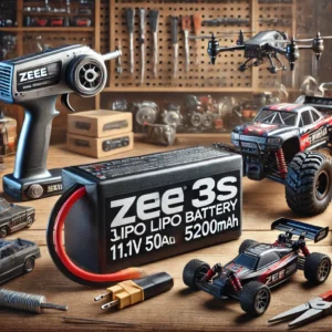 DALL·E 2024 08 05 06.31.45 A high quality Zeee 3S Lipo Battery 11.1V 50C 5200mAh with XT60 Plug displayed in a workshop setting with RC cars tanks helicopters quadcopters b 23