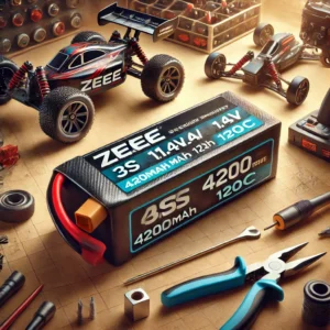 DALL·E 2024 08 05 06.34.34 A high quality Zeee 3S 11.4V HV Shorty Lipo Battery 4200mAh 120C with XT60 Plug displayed in a workshop setting with RC cars FPV drones and racing 21