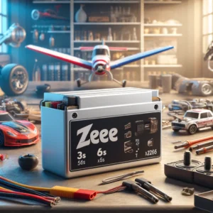 DALL·E 2024 08 05 06.37.06 A high quality ZEEE 3S 4S 5S 6S Lipo Battery Softcase with T EC5 XT60 XT90 plugs displayed in a workshop setting with RC cars FPV drones airplanes 19
