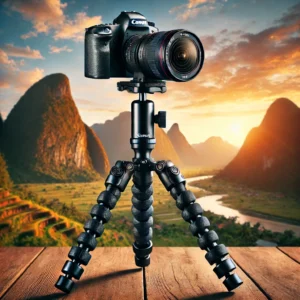 DALL·E 2024 08 05 06.39.42 A professional lightweight carbon fiber photography travel tripod for DSLR cameras displayed in an outdoor setting with a Canon and Sony camera moun 17