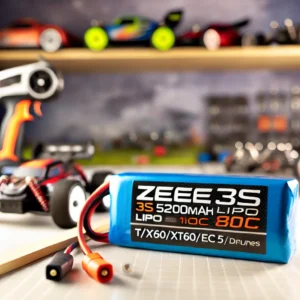 DALL·E 2024 08 05 06.42.30 A high quality Zeee 3S 5200mAh Lipo Battery 11.1V 80C with T XT60 EC3 5 plugs displayed in a workshop setting with RC cars buggies trucks and FPV 15