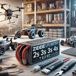 DALL·E 2024 08 05 06.45.18 A high quality Zeee Lipo Battery 2S 3S 4S with T EC3 EC5 connectors displayed in a workshop setting with RC cars tanks boats helicopters and FPV 13