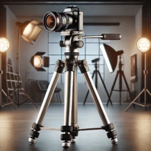 DALL·E 2024 08 05 06.58.10 A professional aluminum video camera tripod monopod standing tall in a photography studio setting. The tripod has a 36mm ball head and 24mm tube desi 5