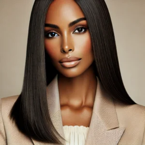 DALL·E 2024 08 05 07.09.14 A high quality image showing a stylish woman wearing a straight glueless pre plucked wig with a 6x4 HD lace front. The background is neutral focusi 3