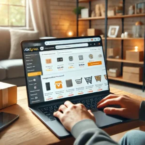 DALL·E 2024 08 05 21.57.25 A person using a laptop to shop on AliExpress with a supportive and professional online chat interface visible on the screen. The background shows a 29