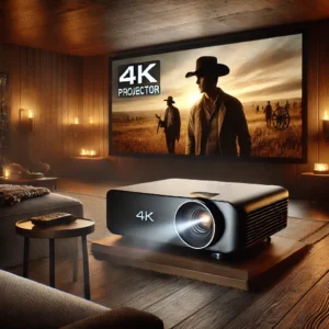 DALL·E 2024 08 06 06.17.22 A high quality image of a modern 4K projector set up in a cozy home cinema environment. The projector is sleek and stylish projecting a vivid movie s 27
