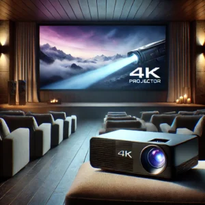 DALL·E 2024 08 06 06.20.44 A modern 4K projector set up in a cozy home cinema environment. The projector is sleek and stylish projecting a vivid movie scene onto a large screen 25