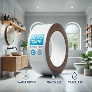 DALL·E 2024 08 06 06.37.25 A high quality image of a roll of Nano Tape double sided adhesive tape shown in a clean modern setting. The tape should be displayed in various use 13