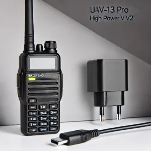 DALL·E 2024 08 06 06.45.06 A high quality image of the BaoFeng UV 13 PRO V1 V2 High Power Dual Band Walkie Talkie with a Type C Charger. The walkie talkie should be shown in a m 7