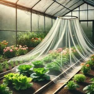 DALL·E 2024 08 06 06.55.12 A high quality image of a garden insect protection net covering plants in a garden. The net should be shown protecting vegetables fruits and flowers 1