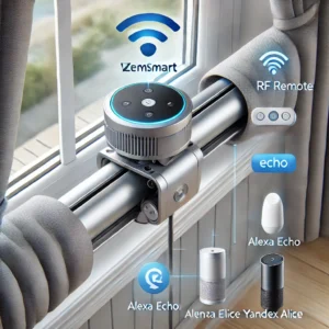 DALL·E 2024 08 06 06.57.24 A high quality image of a Zemismart WiFi Curtain Motor installed on a window. The motor should be shown with smart features such as an RF remote Alex 1