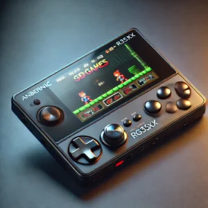 DALL·E 2024 08 06 07.00.38 A high quality image of the ANBERNIC RG35XX handheld console for playing video games. The console should be shown with its 3.5 inch IPS screen display 29