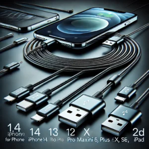 DALL·E 2024 08 06 07.03.03 A high quality image of a USB cable for iPhone 14 13 12 11 Pro Max Mini 6 7 8 Plus XS X XR SE iPad. The cable should be shown in various len 27