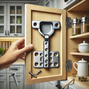 DALL·E 2024 08 06 07.07.44 A high quality image of a cabinet hinge repair plate kit. The image should show the kit with the hinge mounting plate screws and brackets in a kitch 23