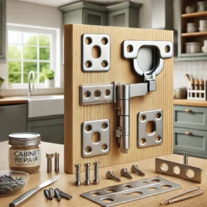 DALL·E 2024 08 06 07.10.20 A high quality image of a Cabinet Hinge Repair Plate Kit showing all components including the hinge mounting plate screws and brackets. The setting 21