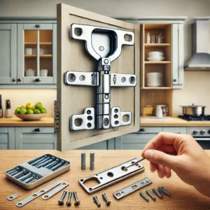 DALL·E 2024 08 06 09.21.52 A high quality image of a Cabinet Hinge Repair Plate Kit showing all components including the hinge mounting plate screws and brackets. The setting 19