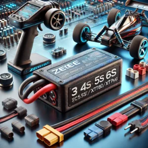 DALL·E 2024 08 07 06.35.19 A high quality image of ZEEE 3S 4S 5S 6S Lipo Battery Softcase with T EC5 XT60 XT90 plug. The image should show the battery in a modern tech savvy se 5