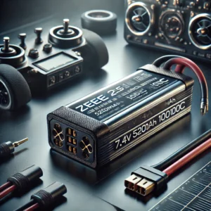 DALL·E 2024 08 07 06.50.57 A high quality image of the Zeee 2S Lipo Battery 7.4V 5200mAh 100C with Deans Plug Hardcase. The image should show the battery in a modern tech savvy 25