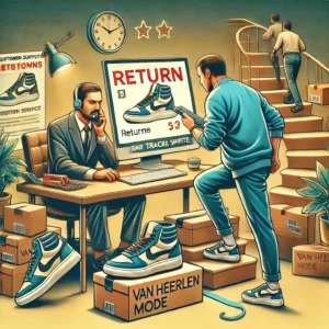 DALL·E 2024 08 08 20.48.07 A high quality promotional image showing a customer trying to return shoes bought online from Van Heerlen Mode. Depict the frustration of a delayed an 1 27
