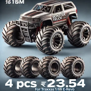 DALL·E 2024 08 09 08.13.44 A high quality promotional image featuring 4 pcs 81mm 1 16 Monster Truck Tires designed for Traxxas 1 16 E Revo. The image should highlight the rubber 19