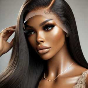 DALL·E 2024 08 09 09.28.30 A high quality promotional image featuring a luxurious human hair wig with pre bleached knots and pre plucked hairline styled in a bone straight text 3