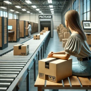 DALL·E 2024 08 09 14.45.54 A high quality image depicting a customer waiting for a package delivery from an online store like SHEIN. The scene shows a modern sorting center with 25