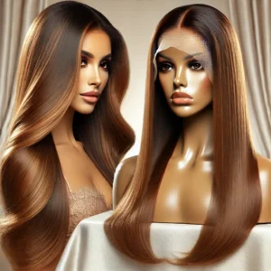 DALL·E 2024 08 10 06.46.06 A high quality promotional image featuring a luxurious stylish ISEE HAIR Wig in Highlight Straight 13x4 Lace Front style with 4x4 Lace Closure. The w 1 5