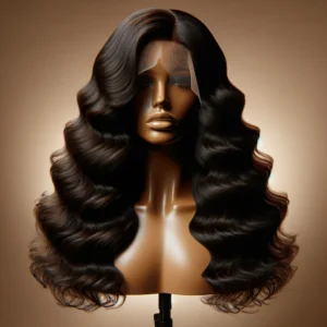 DALL·E 2024 08 10 06.54.08 A high quality promotional image featuring a luxurious wavy body wave human hair wig on a mannequin or display stand. The wig should have a natural 3