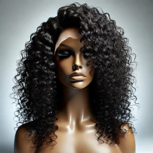 DALL·E 2024 08 11 07.00.00 A high quality promotional image featuring a stylish high definition kinky curly human wig with pre bleached knots glueless installation and a pre 1
